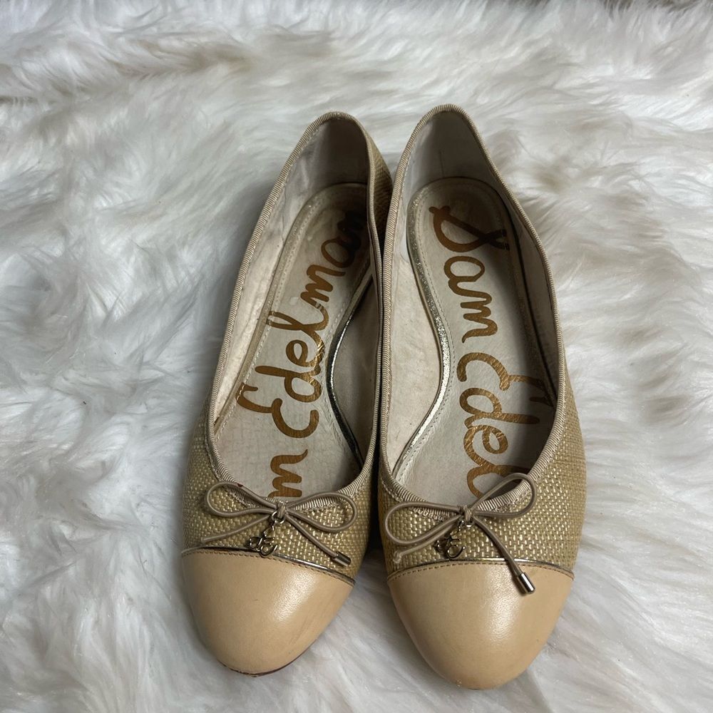 Sam Edelman leather tan and beige Rafia slip on flats bow  accent size 8 - Picture 3 of 10